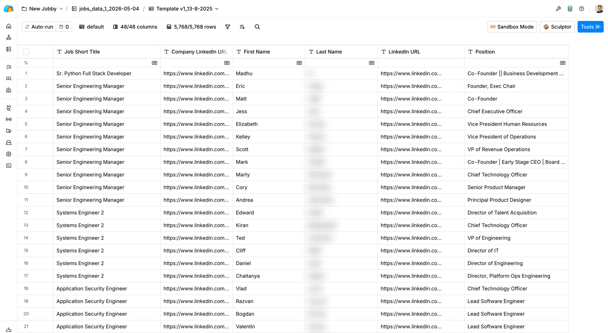 A Wild.Codes table in Clay with job posts, company LinkedIn pages and the people Generect found, last names blurred